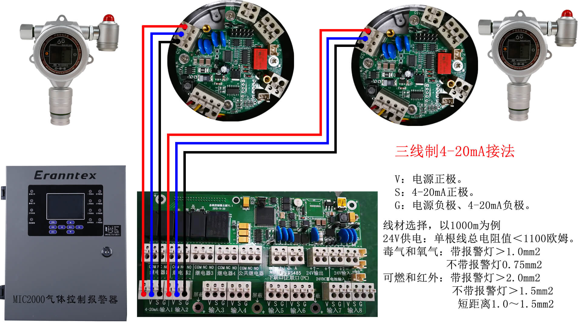 逸云天固定式气体检测仪三线制4-20mA接线示意图